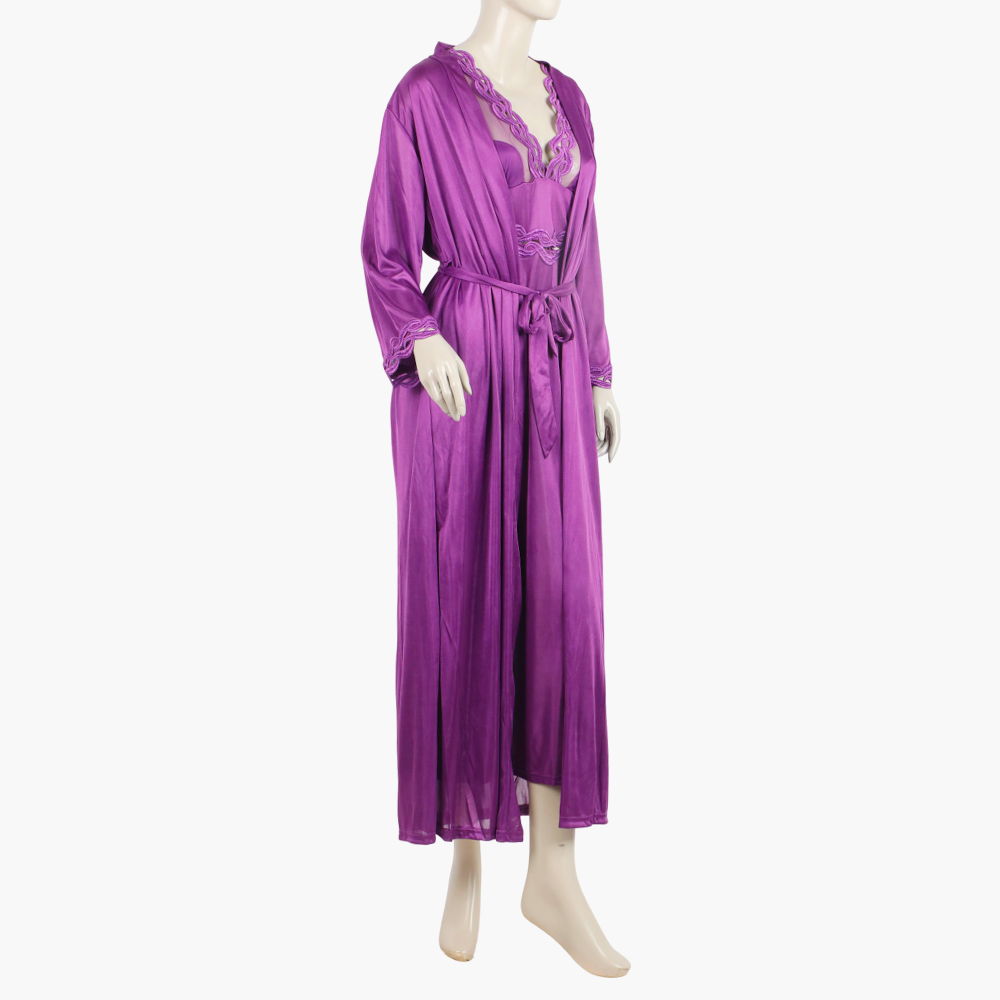 Women's 3Pcs Long Nighty - Purple, Women Night Suit, Chase Value, Chase Value
