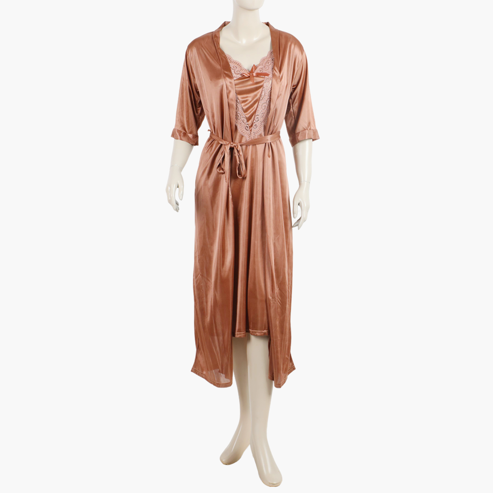 Women's 3Pcs Soft & Elegant Sleepwear Long Nighty Set - Light Brown, Women Night Suit, Chase Value, Chase Value