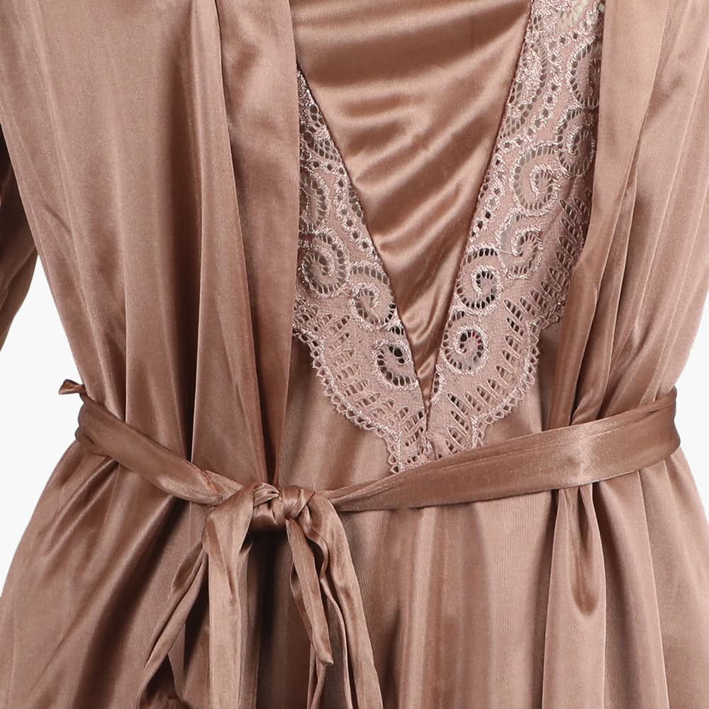 Women's 3Pcs Soft & Elegant Sleepwear Long Nighty Set - Light Brown, Women Night Suit, Chase Value, Chase Value