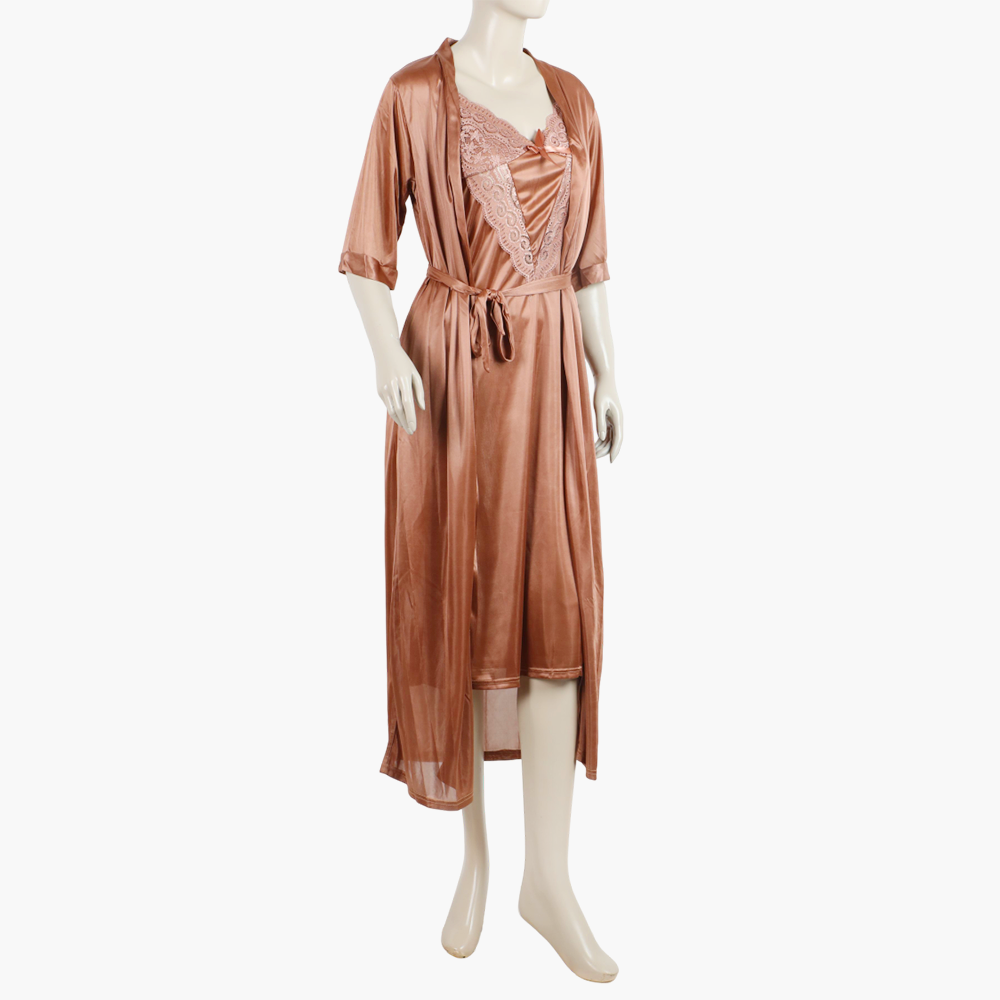 Women's 3Pcs Soft & Elegant Sleepwear Long Nighty Set - Light Brown, Women Night Suit, Chase Value, Chase Value