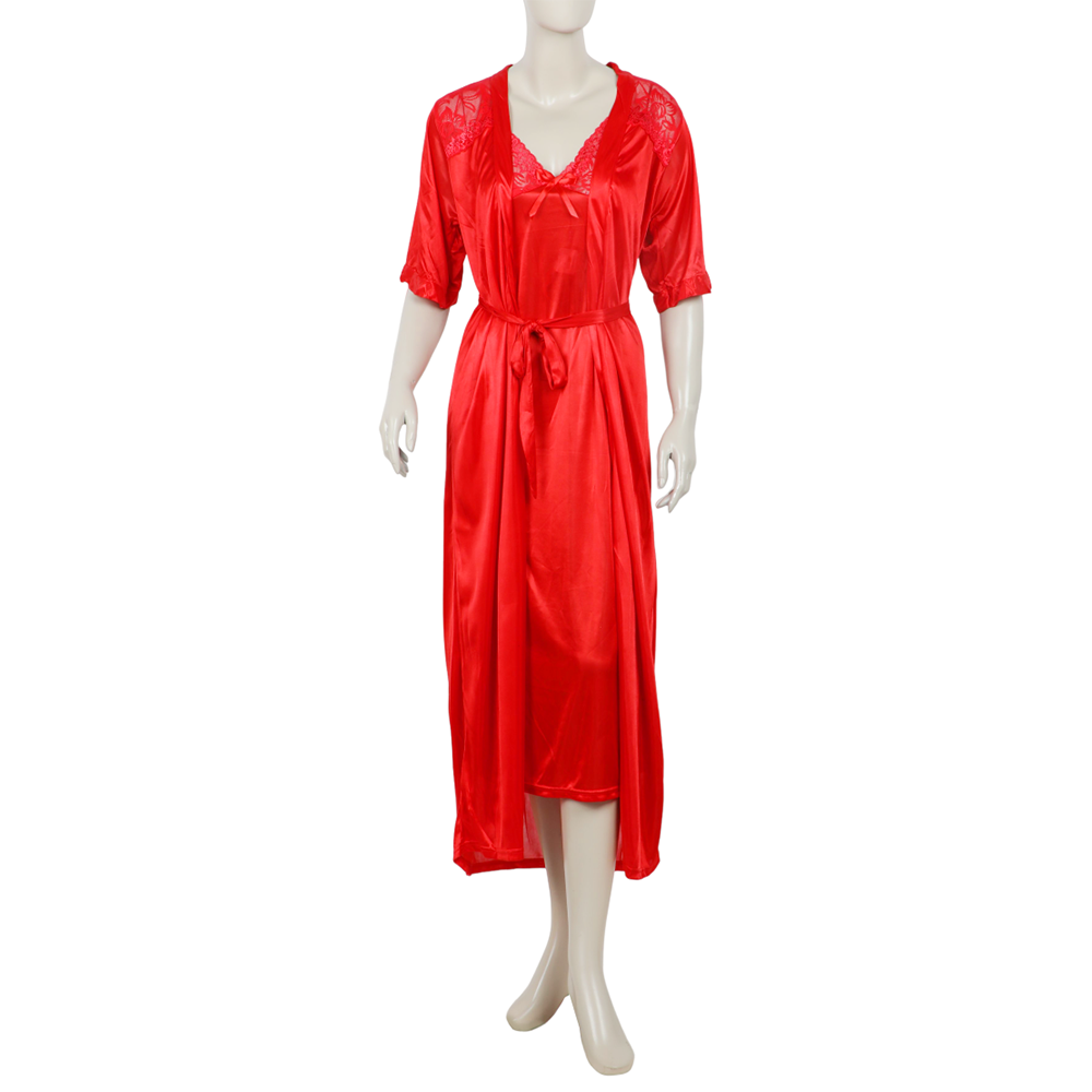 Women's 3Pcs Long Nighty - Red, Women Night Suit, Chase Value, Chase Value
