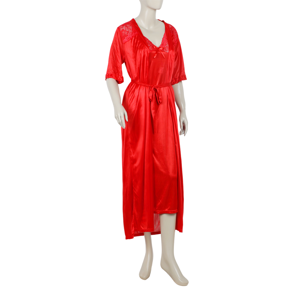 Women's 3Pcs Long Nighty - Red, Women Night Suit, Chase Value, Chase Value