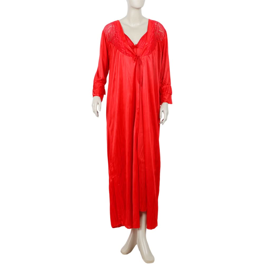 Women's 3Pcs Long Nighty - Red, Women Night Suit, Chase Value, Chase Value