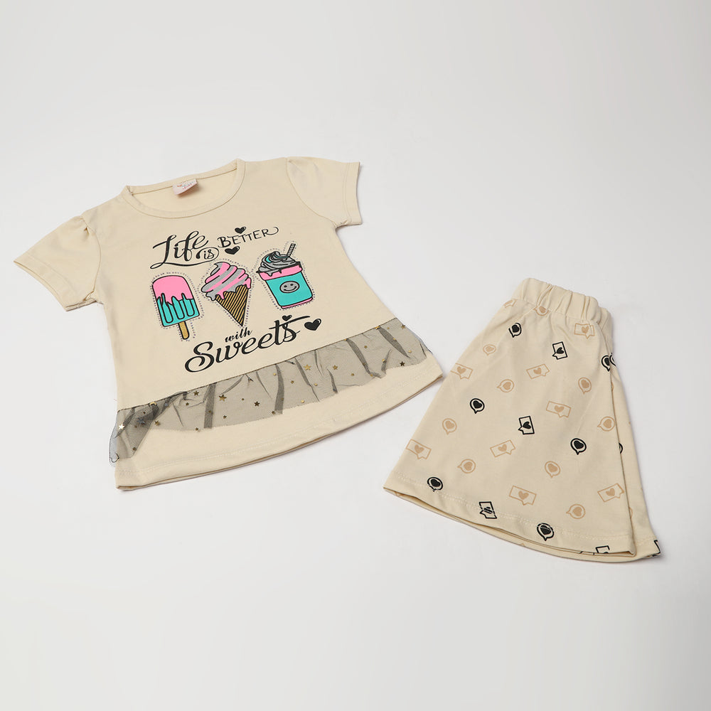 Girl's Half Sleeves Skirt Suit - Cream, Girls Suits, Chase Value, Chase Value