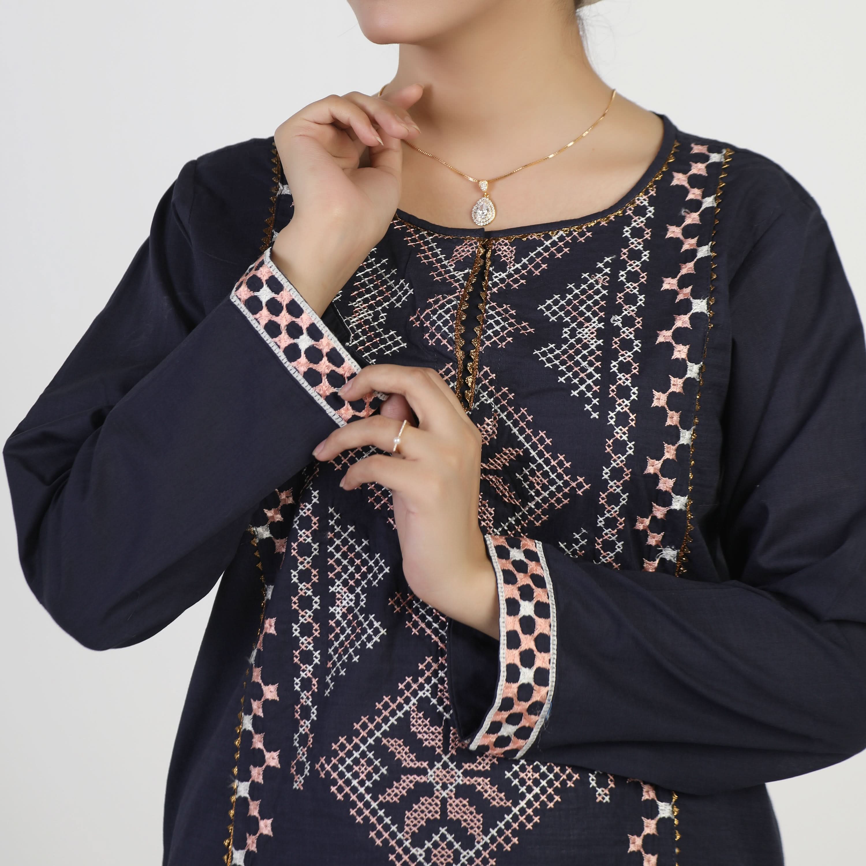 Women's Embroidered Kurti - Navy Blue, Women Ready Kurtis, Chase Value, Chase Value