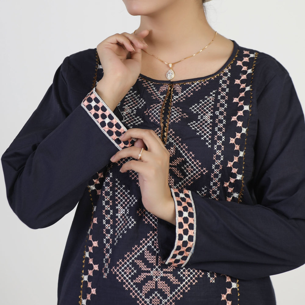 Women's Embroidered Kurti - Navy Blue, Women Ready Kurtis, Chase Value, Chase Value