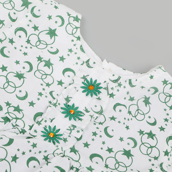 Girls Independence Day Frock - Green & White