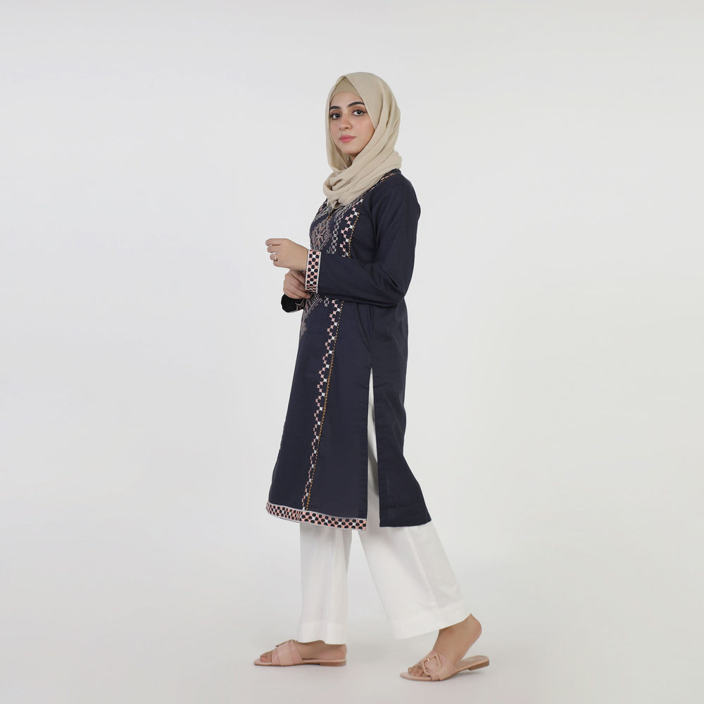 Women's Embroidered Kurti - Navy Blue, Women Ready Kurtis, Chase Value, Chase Value