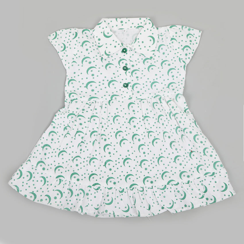 Girls Independence Day Frock - Green & White