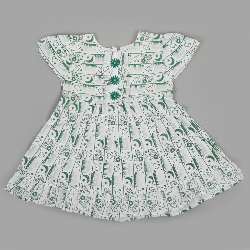 Girls Independence Day Frock - Green & White