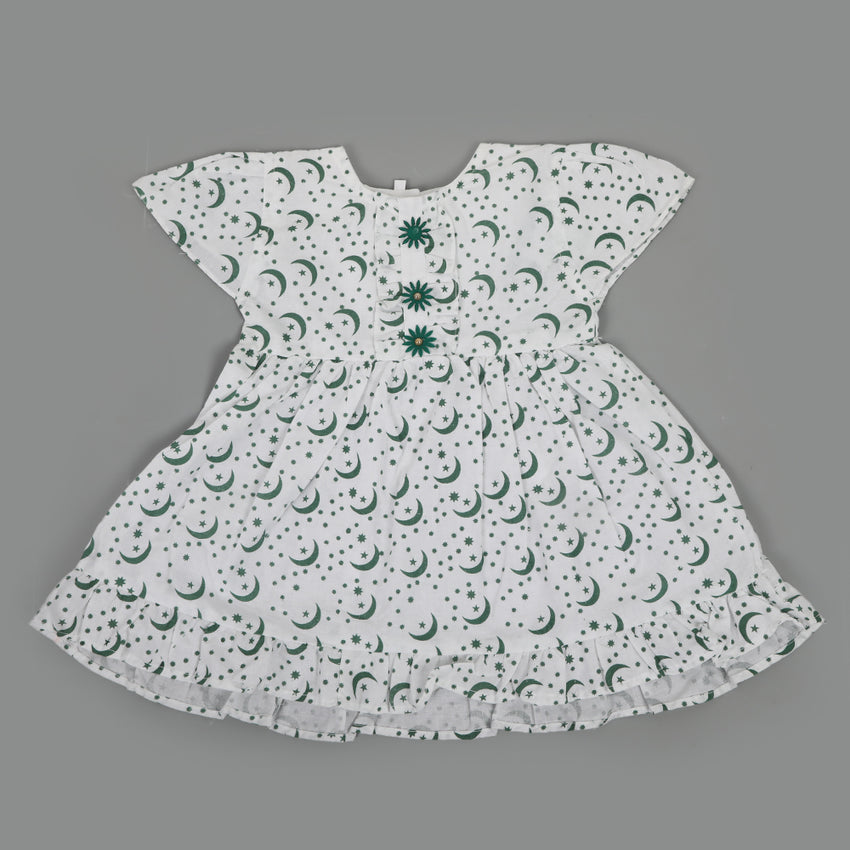 Girls Independence Day Frock - Green & White