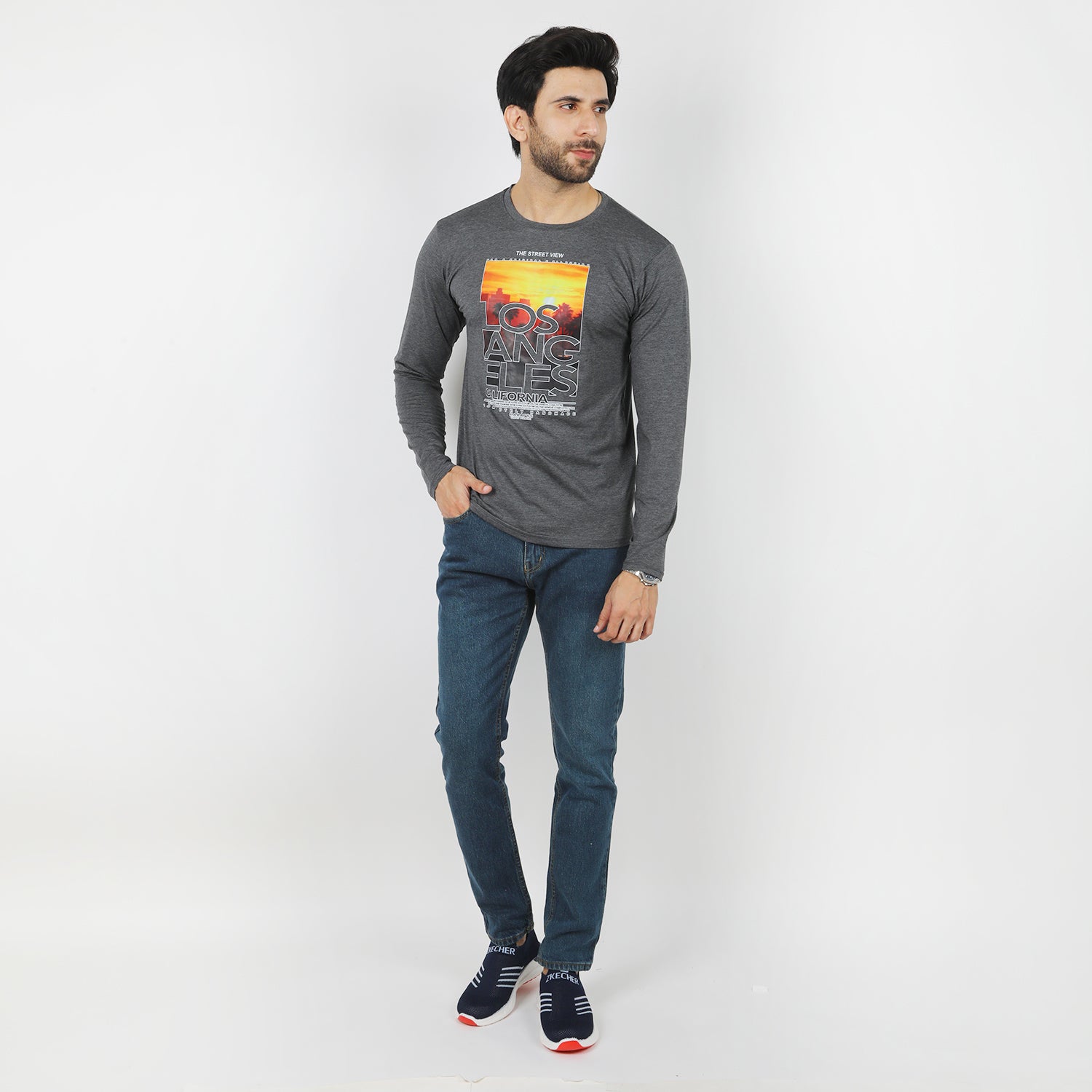 Men's Full Sleeves Printed T-Shirt - Dark Grey, Men's T-Shirts & Polos, Chase Value, Chase Value