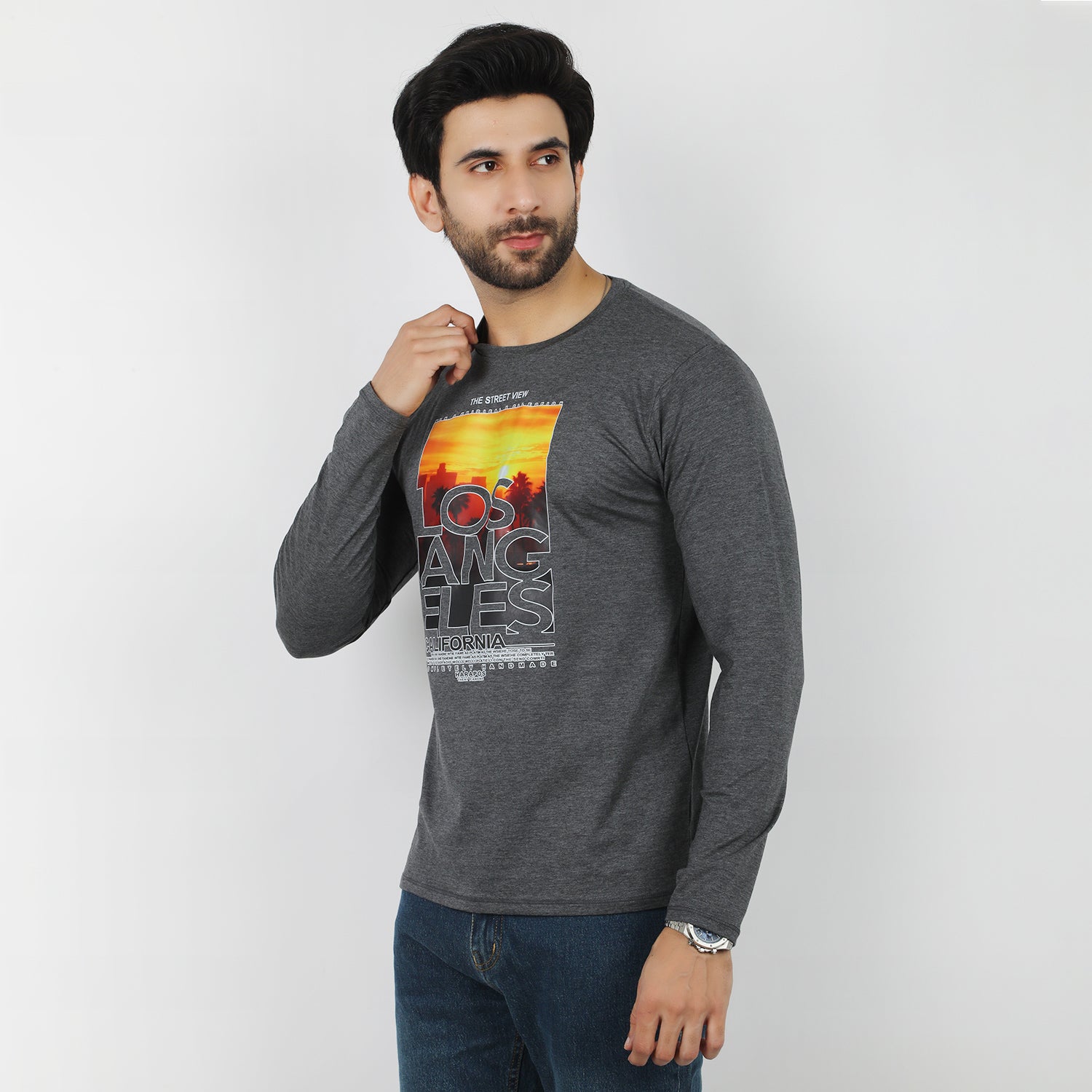 Men's Full Sleeves Printed T-Shirt - Dark Grey, Men's T-Shirts & Polos, Chase Value, Chase Value