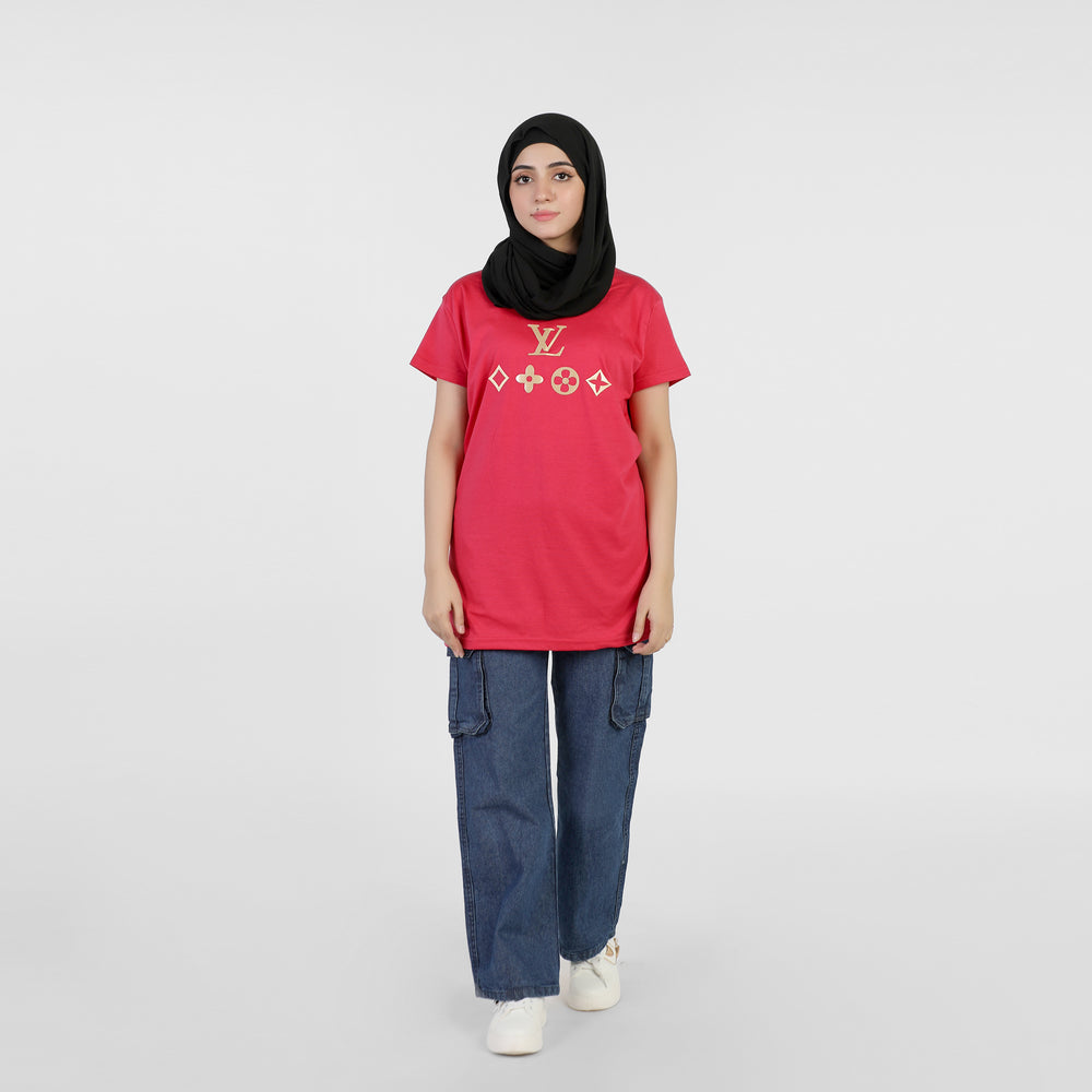 Women's Printed Half Sleeves T-Shirt - Dark Pink, Women T-Shirts & Tops, Chase Value, Chase Value