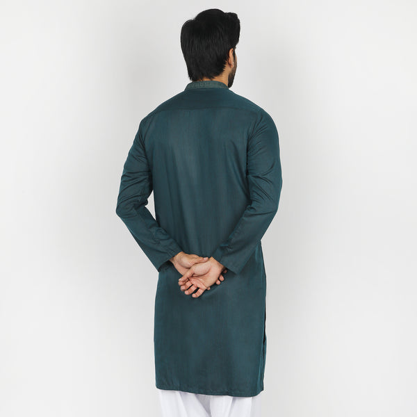 Men's Slim Fit Embroidered Kurta - Teal