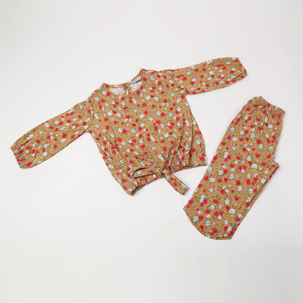 Girls Printed 2 Pcs Suit - Light Brown