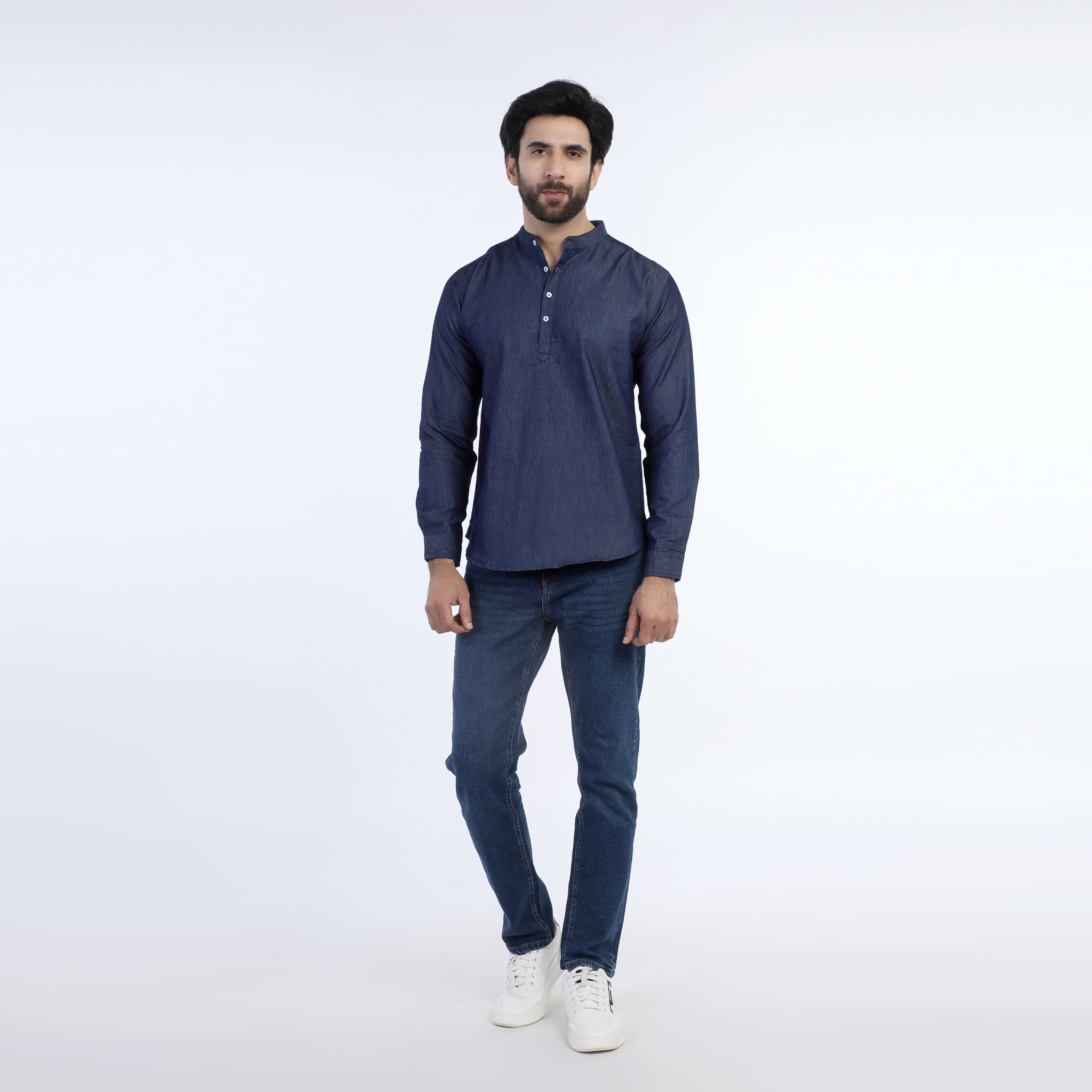 ZARA Men's Mandarin Collar Denim Kurta Shirt - Dark Blue, Men's Shirts, Chase Value, Chase Value