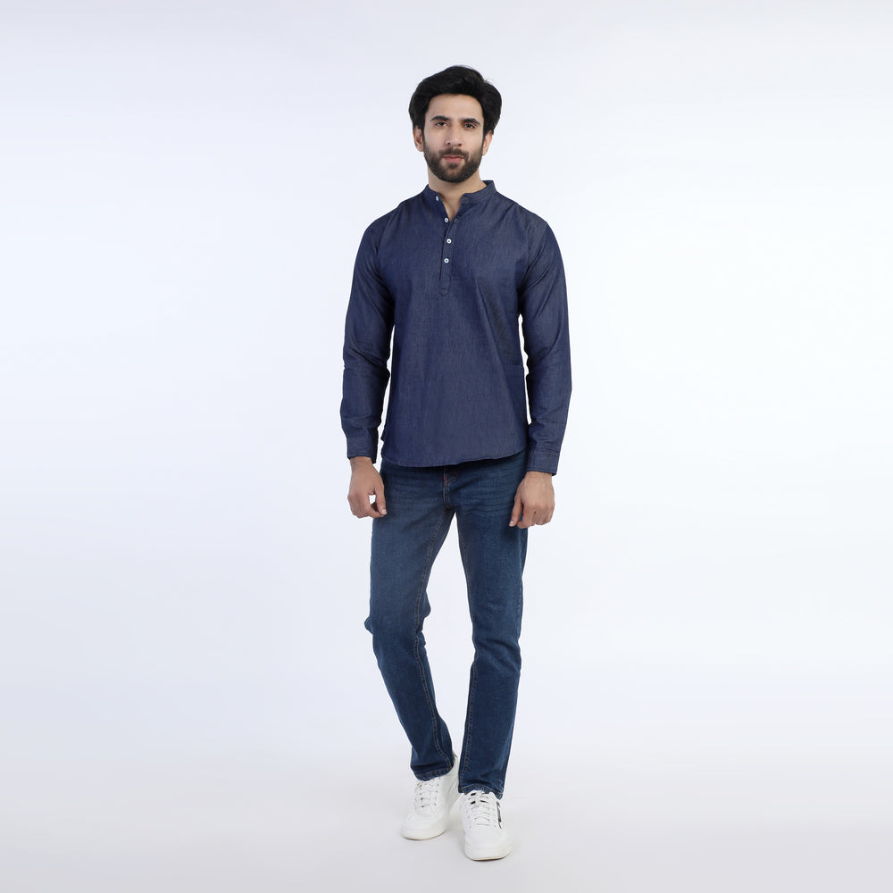 ZARA Men's Mandarin Collar Denim Kurta Shirt - Dark Blue, Men's Shirts, Chase Value, Chase Value