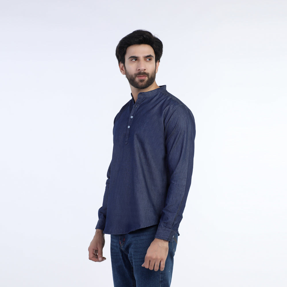 ZARA Men's Mandarin Collar Denim Kurta Shirt - Dark Blue, Men's Shirts, Chase Value, Chase Value