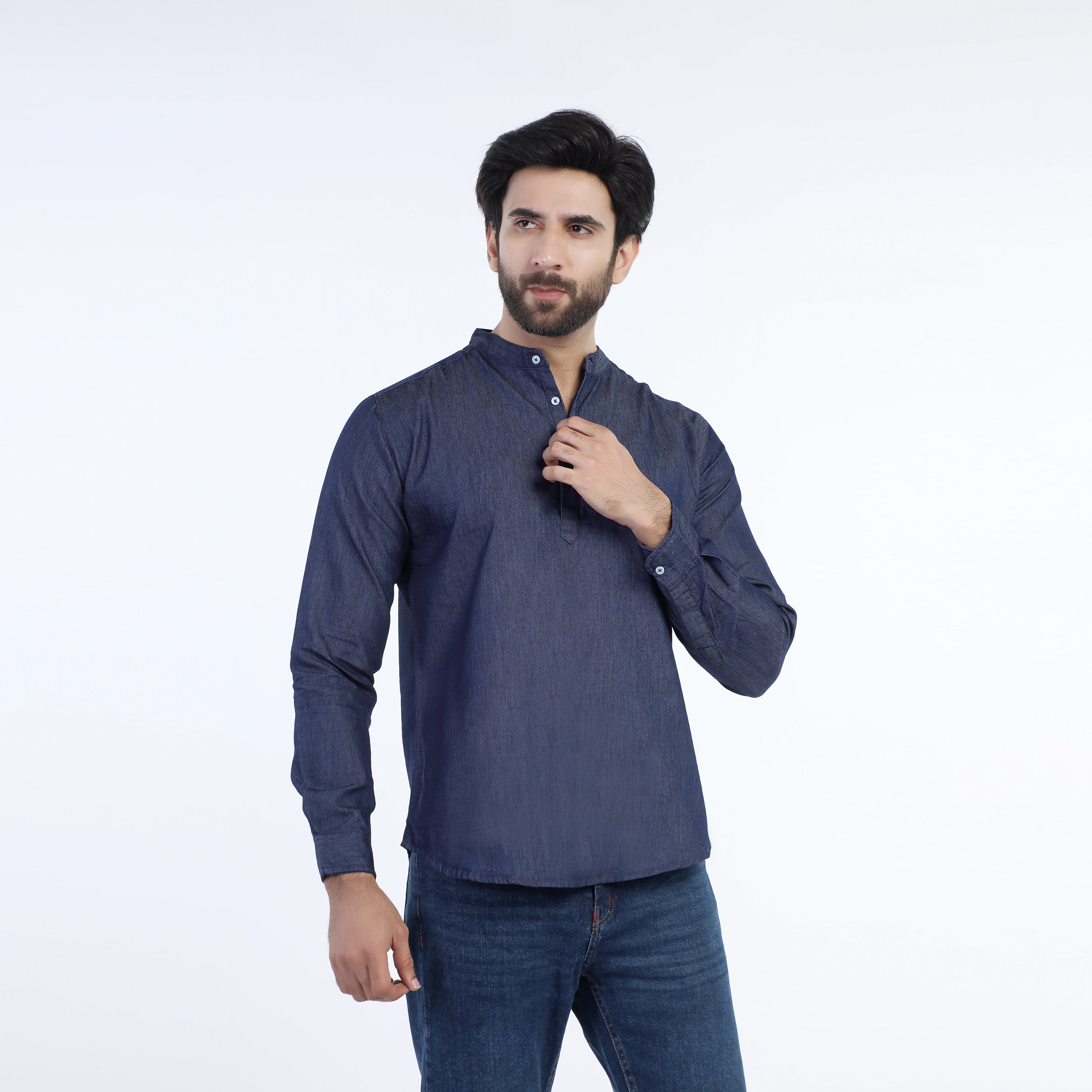 ZARA Men's Mandarin Collar Denim Kurta Shirt - Dark Blue, Men's Shirts, Chase Value, Chase Value