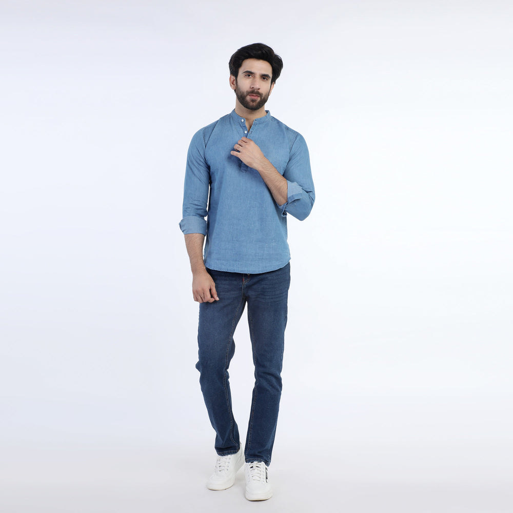 ZARA Men's Mandarin Collar Denim Kurta Shirt - Sky Blue, Men's Shirts, Chase Value, Chase Value