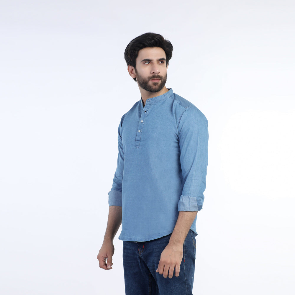 ZARA Men's Mandarin Collar Denim Kurta Shirt - Sky Blue, Men's Shirts, Chase Value, Chase Value