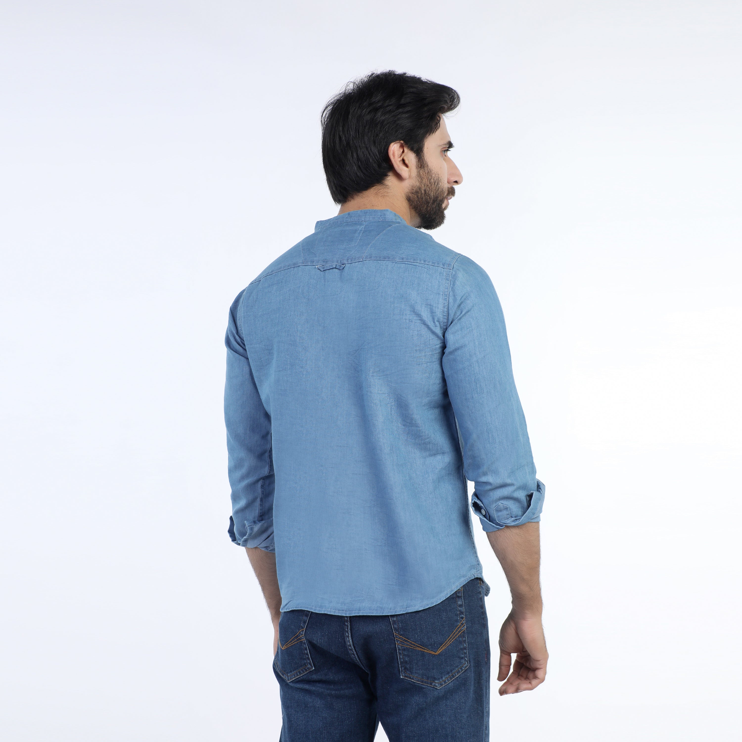 ZARA Men's Mandarin Collar Denim Kurta Shirt - Sky Blue, Men's Shirts, Chase Value, Chase Value