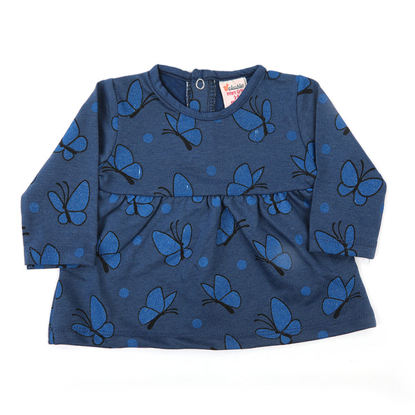 Newborn Girls Full Sleeves Frock - Navy Blue