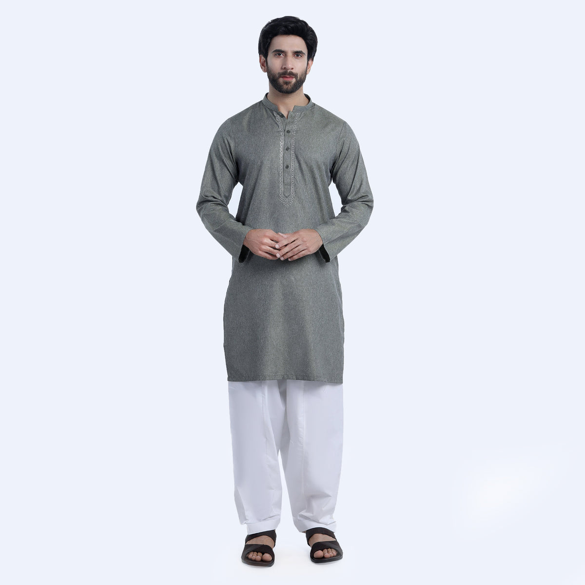 Men's Slim Fit Embroidered Kurta - Olive, Men's Kurtas, Chase Value, Chase Value