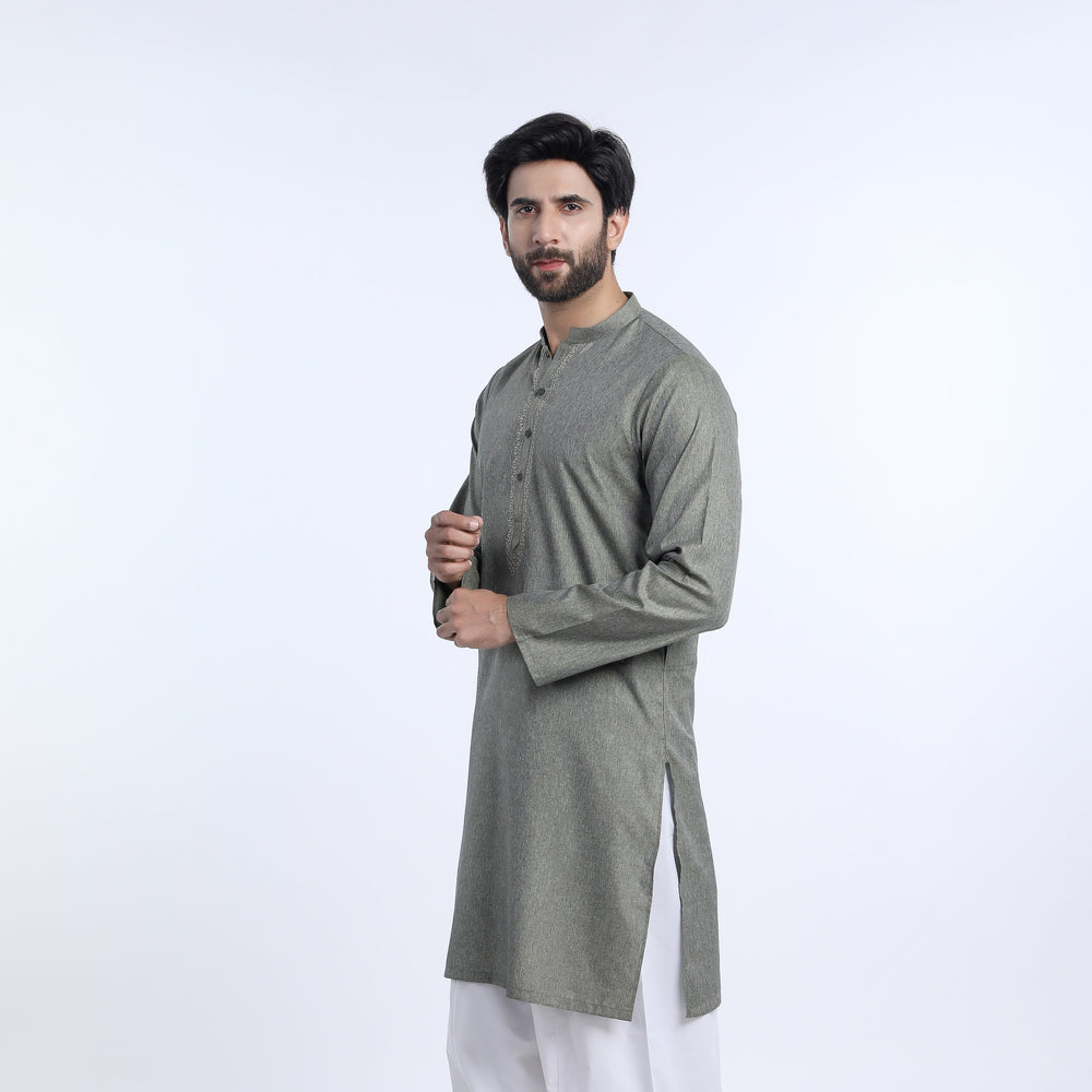Men's Slim Fit Embroidered Kurta - Olive, Men's Kurtas, Chase Value, Chase Value