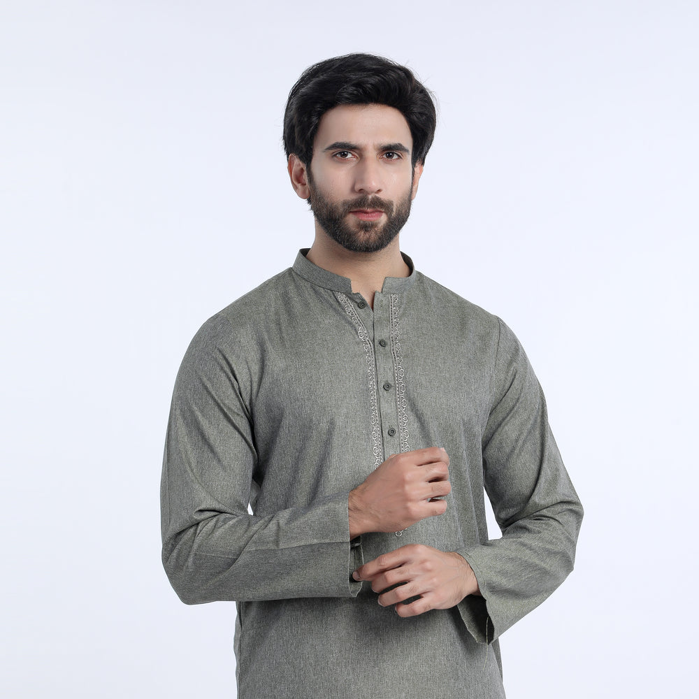 Men's Slim Fit Embroidered Kurta - Olive, Men's Kurtas, Chase Value, Chase Value