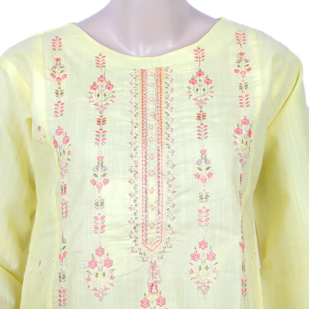 Women's 2pcs Stitched Embrioded Shalwar Suit - Light Yellow, Women Shalwar Suits, Chase Value, Chase Value