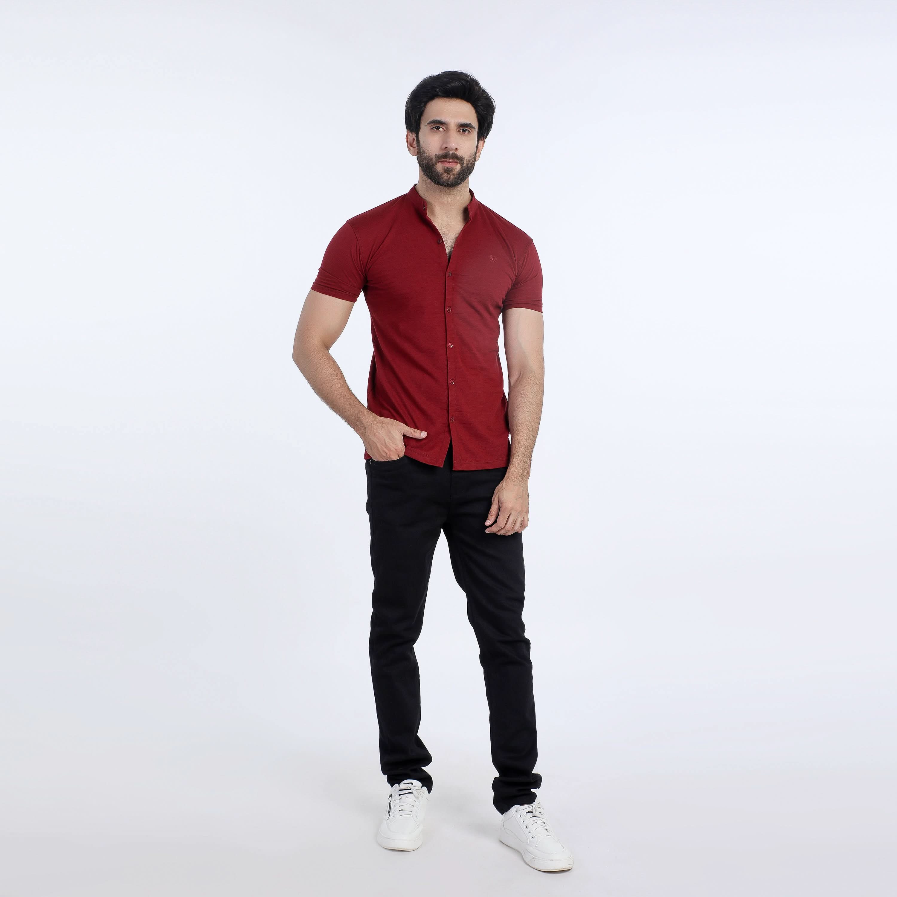 Eminent Men's Half Sleeves Sherwani Collar Front Open T-Shirt - Maroon, Men's T-Shirts & Polos, Eminent, Chase Value