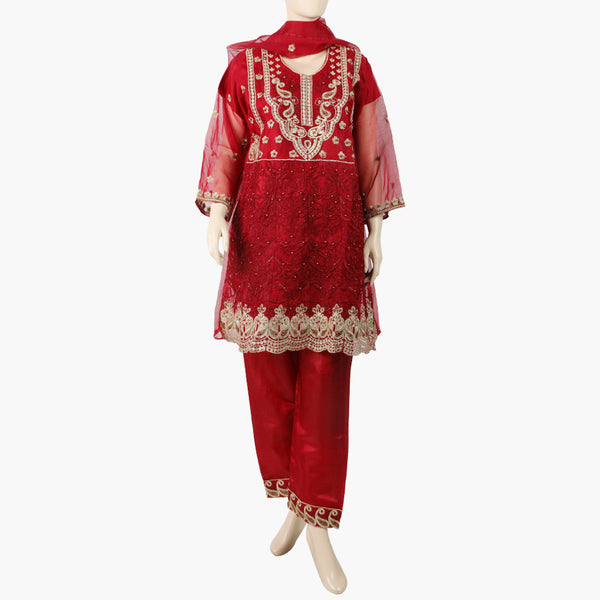 Women's Organza Embroided 3Pcs Suit - Maroon