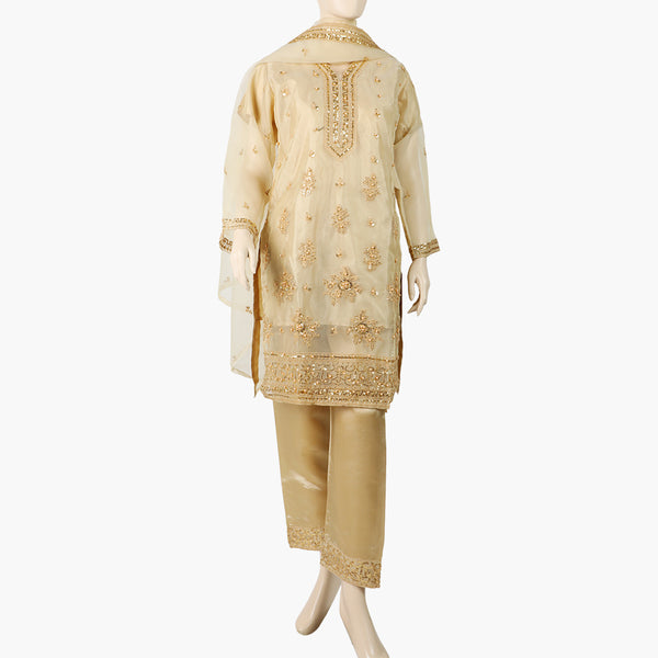 Women's Organza Embroided 3Pcs Suit - Light Brown