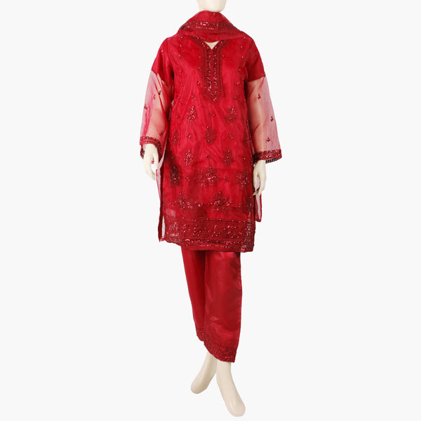 Women's Organza Embroided 3Pcs Suit - Maroon