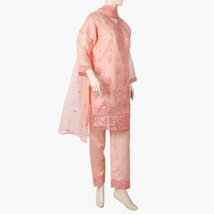 Women's Organza Embroided 3Pcs Suit - Pink