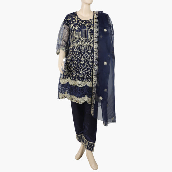Women's Organza Fancy Embroidered 3Pcs Suit - Navy Blue