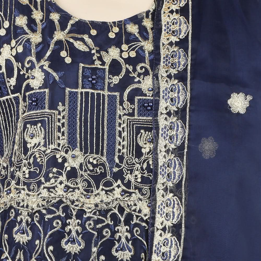 Women's Organza Fancy Embroidered 3Pcs Suit - Navy Blue, Women Shalwar Suits, Chase Value, Chase Value
