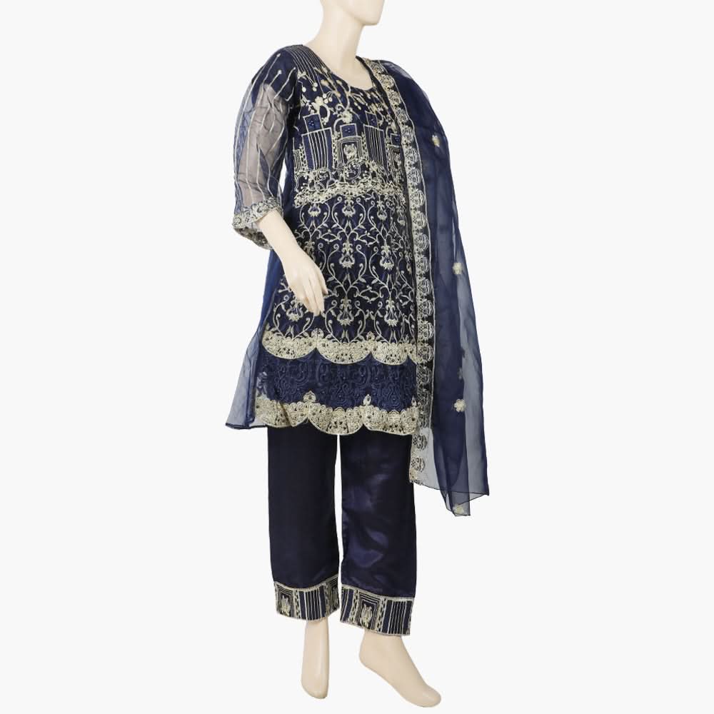 Women's Organza Fancy Embroidered 3Pcs Suit - Navy Blue, Women Shalwar Suits, Chase Value, Chase Value