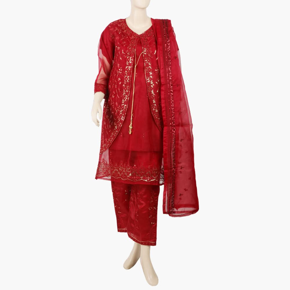 Women's Organza Fancy Embroidered 3Pcs Suit - Maroon, Women Shalwar Suits, Chase Value, Chase Value