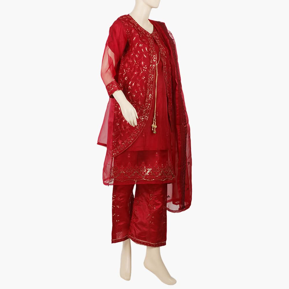Women's Organza Fancy Embroidered 3Pcs Suit - Maroon, Women Shalwar Suits, Chase Value, Chase Value