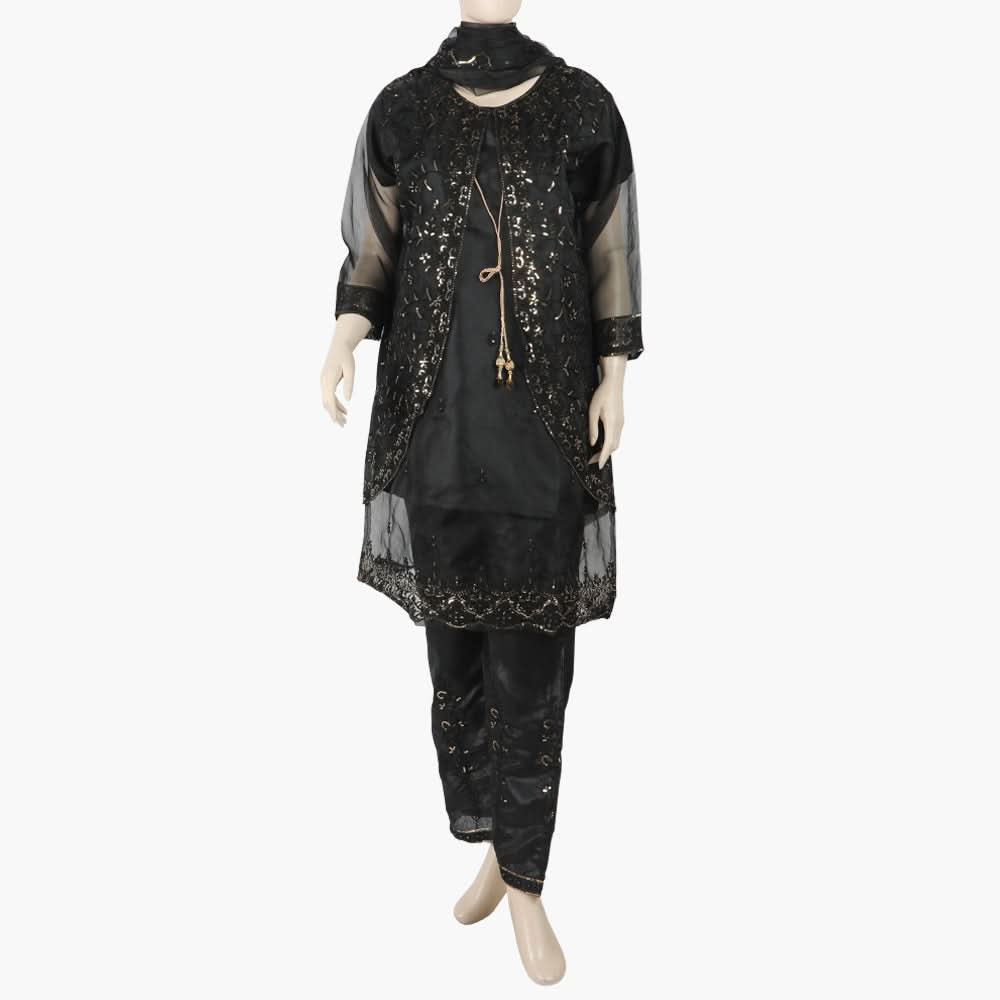 Women's Organza Fancy Embroidered 3Pcs Suit - Black, Women Shalwar Suits, Chase Value, Chase Value