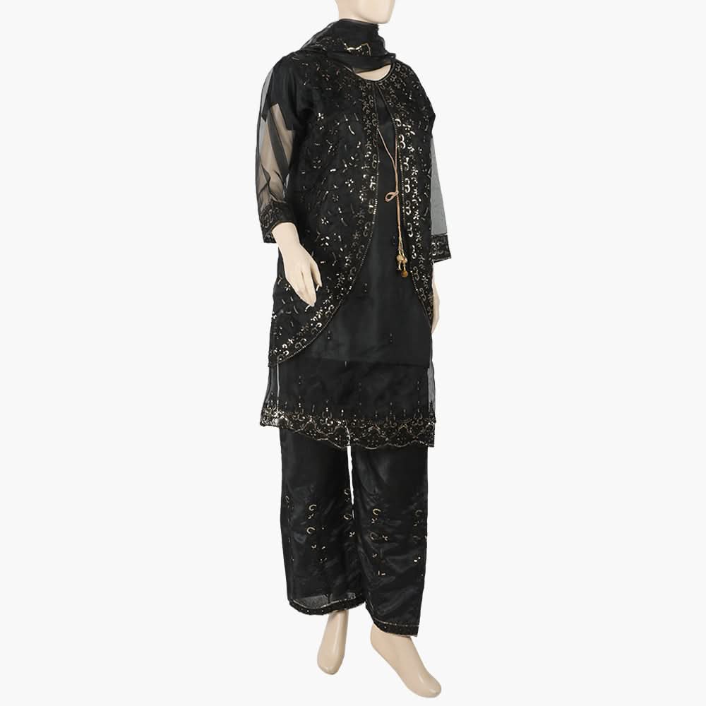 Women's Organza Fancy Embroidered 3Pcs Suit - Black, Women Shalwar Suits, Chase Value, Chase Value