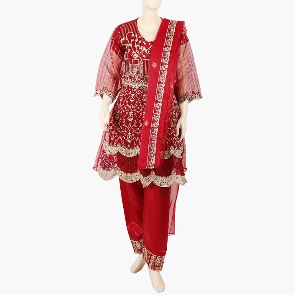 Women's Organza Fancy Embroidered 3Pcs Suit - Maroon, Women Shalwar Suits, Chase Value, Chase Value