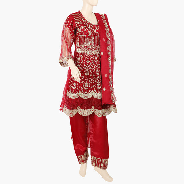 Women's Organza Fancy Embroidered 3Pcs Suit - Maroon