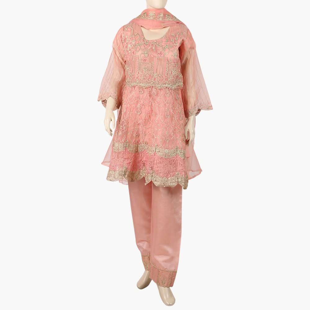 Women's Organza Fancy Embroidered 3Pcs Suit - Peach, Women Shalwar Suits, Chase Value, Chase Value