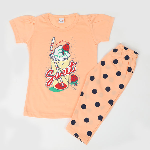 Girls Half Sleeves Capri Suit - Peach