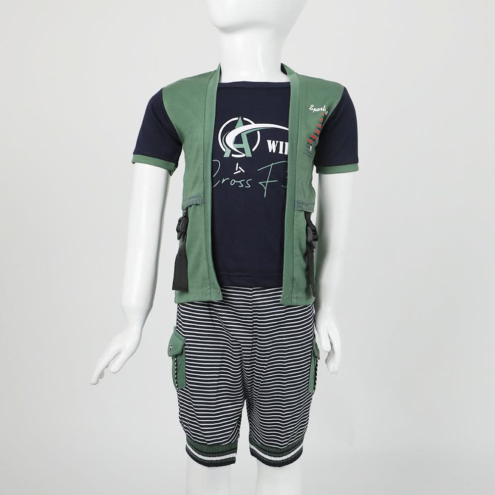 Boys Half Sleeves 3Pcs Suit - Green, Boys Sets & Suits, Chase Value, Chase Value