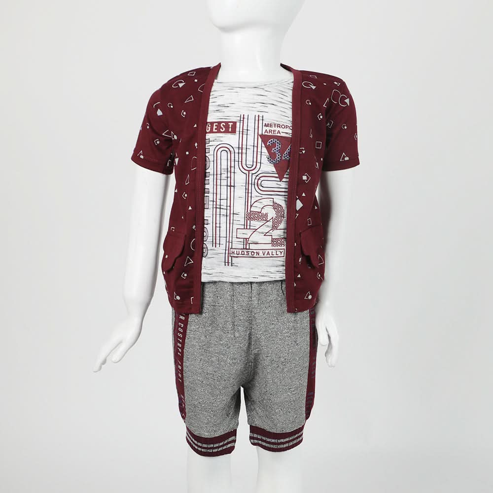 Boys Half Sleeves 3Pcs Suit - Maroon, Boys Sets & Suits, Chase Value, Chase Value